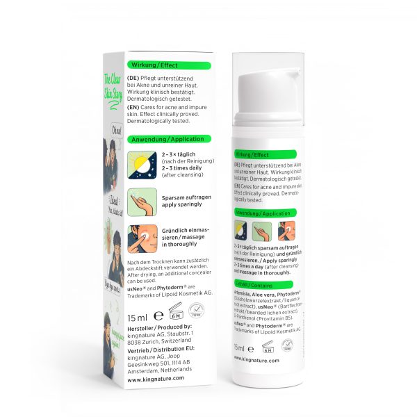 ClearSkinGel_BoxBottle_Back_WhiteBG Abgebildet sind eine weiße Flasche und eine Schachtel der Kingnature Hautpflegecreme. Der Text in Deutsch und Englisch beschreibt Anwendung und Wirkung. Anschauliche Illustrationen veranschaulichen die Anwendungsschritte. Das Produkt enthält 15 ml Pflegecreme.