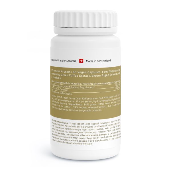 Eine weisse Flasche mit Coffea Vida veganen Kapseln, die als Nahrungsergänzungsmittel mit Grüner Kaffee Extrakt, Braunalgen Extrakt und L-Carnitin gekennzeichnet sind. Das Etikett ist in Deutsch und Englisch beschriftet und mit Schweizer Piktogrammen versehen.