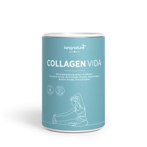 Eine blaugrüne Dose Collagen Vida ist mit weißem Text und der Zeichnung einer sich streckenden Frau versehen, unter dem Markenlogo befinden sich Produktinformationen in deutscher Sprache.