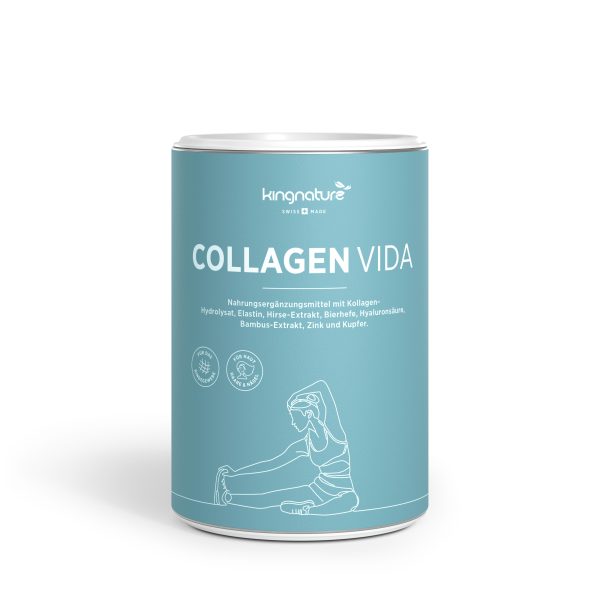 Collagen Vida_v1.0_FRONT Eine blaugrüne Dose Collagen Vida ist mit weißem Text und der Zeichnung einer sich streckenden Frau versehen, unter dem Markenlogo befinden sich Produktinformationen in deutscher Sprache.