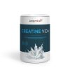 Ein weißer Behälter von Creatine Vida ist mit einem blauen Etikett versehen, das mit einer Grafik, die einen Pulverspritzer darstellt, sowie Symbolen für Muskeln und Energie verziert ist. Der Text hebt dieses hochwertige Kreatin-Monohydrat-Präparat hervor und unterstreicht die überragende Qualität und Wirksamkeit von Creatine Vida.
