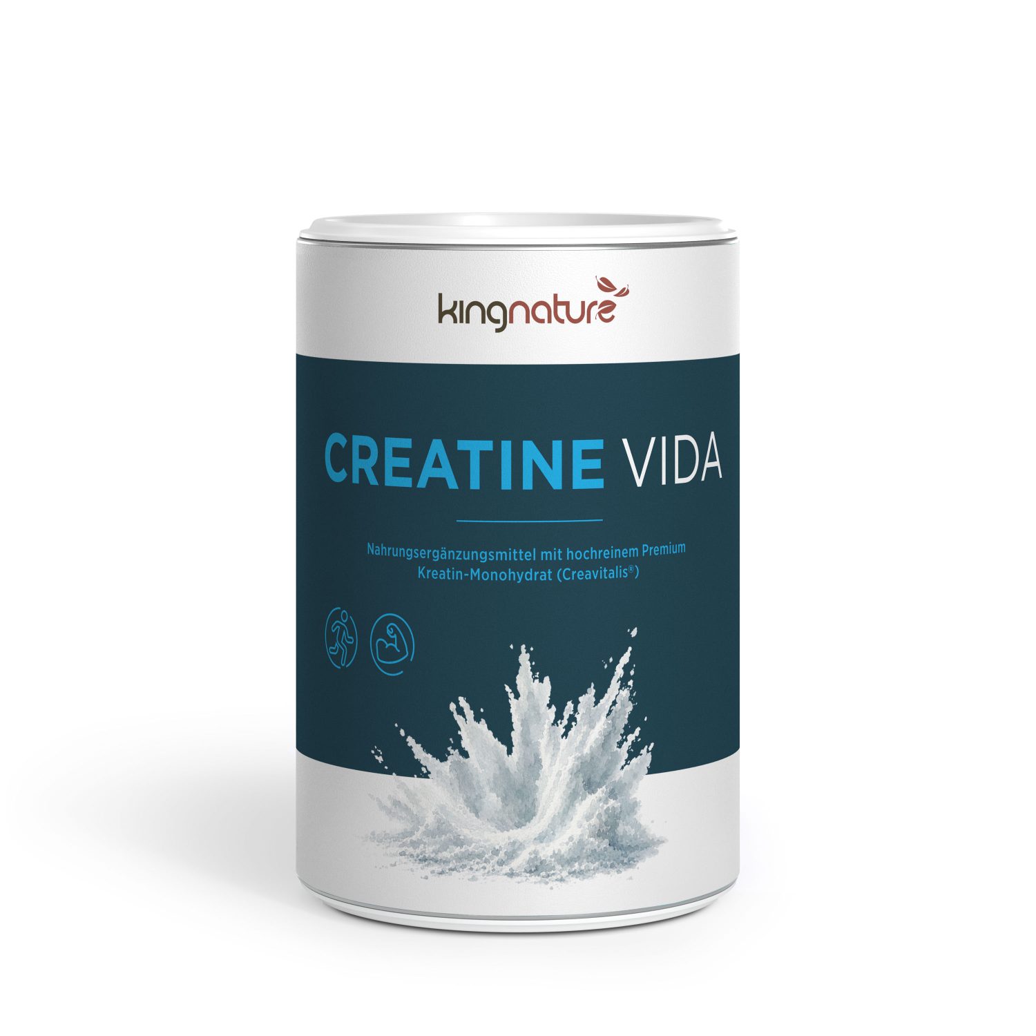 Ein weißer Behälter von Creatine Vida ist mit einem blauen Etikett versehen, das mit einer Grafik, die einen Pulverspritzer darstellt, sowie Symbolen für Muskeln und Energie verziert ist. Der Text hebt dieses hochwertige Kreatin-Monohydrat-Präparat hervor und unterstreicht die überragende Qualität und Wirksamkeit von Creatine Vida.
