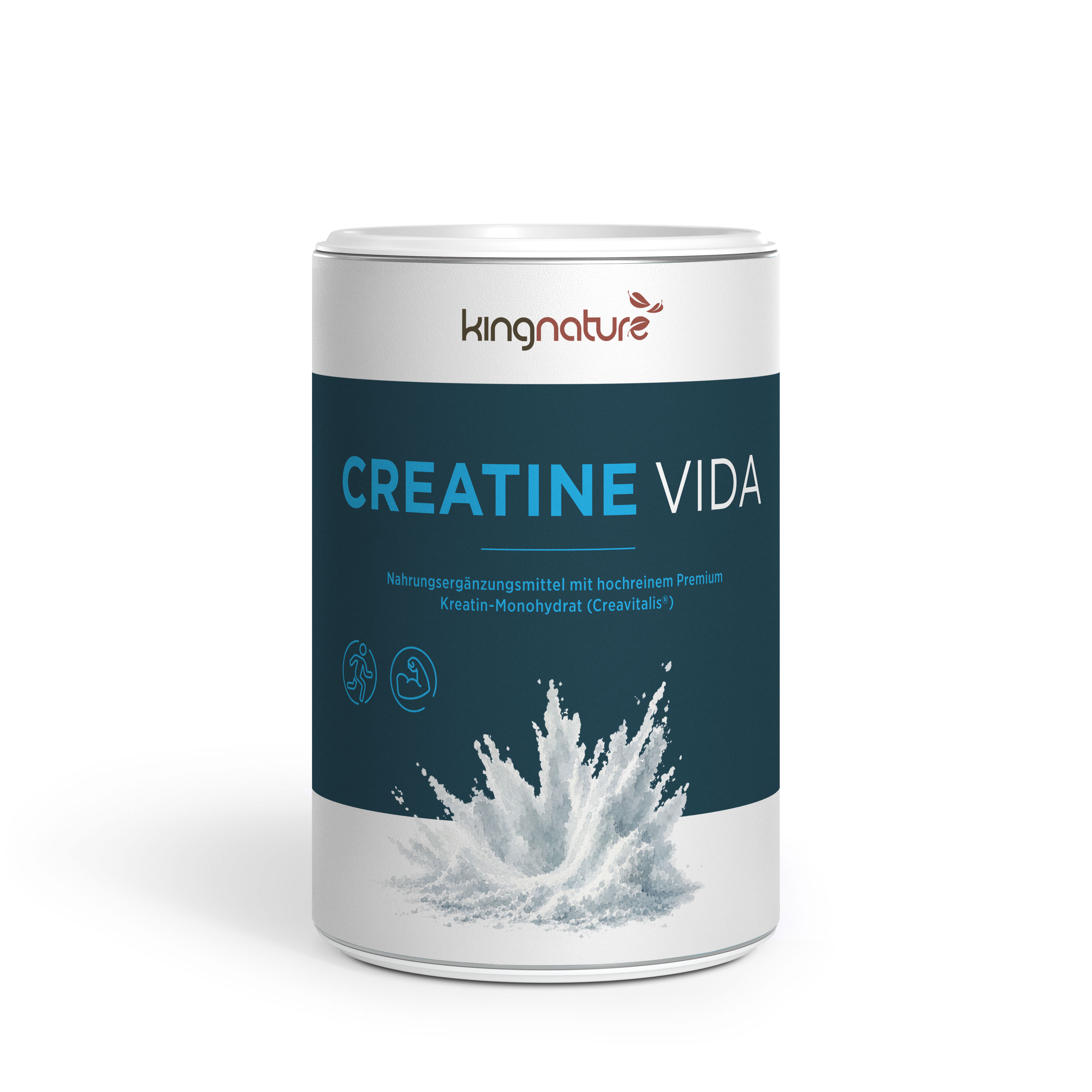 Ein weißer Behälter von Creatine Vida ist mit einem blauen Etikett versehen, das mit einer Grafik, die einen Pulverspritzer darstellt, sowie Symbolen für Muskeln und Energie verziert ist. Der Text hebt dieses hochwertige Kreatin-Monohydrat-Präparat hervor und unterstreicht die überragende Qualität und Wirksamkeit von Creatine Vida.