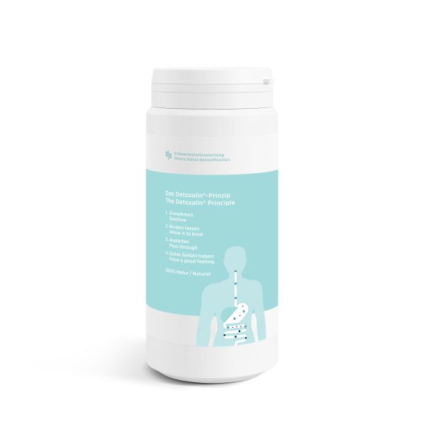 Eine weiße Flasche mit hellblauem Etikett zeigt vereinfacht einen Rumpf und ein Verdauungssystem. Das Etikett erläutert die Schritte eines Detox-Produkts auf Deutsch und Englisch und betont die natürlichen Inhaltsstoffe und die Unterstützung des Wohlbefindens.