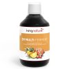 Eine Flasche Nahrungsergänzungsmittel Kingnature EM Multi Ferment mit Bildern von Ananas, Beeren und Kräutern auf dem Etikett, einem weißen Deckel und orangefarbenen Designakzenten für ein lebendiges Aussehen.