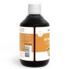 Eine braune Plastikflasche mit weißem Verschluss und orangefarbenem Etikett trägt den Produktnamen EM Multikraft, Ananasbilder und einen Barcode sowie detaillierte Informationen zu Probiotika an der Seite.