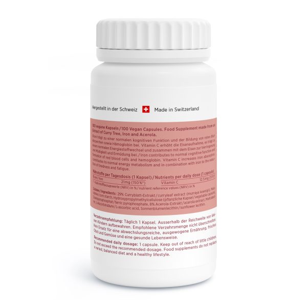 Eine weiße Tablettenflasche mit rotem Etikett in Deutsch und Englisch zeigt Dosierung, Inhaltsstoffe und eine Schweizer Flagge mit der Aufschrift „Made in Switzerland“. Die Rückseite der Nahrungsergänzungsmittelflasche ist zu sehen.