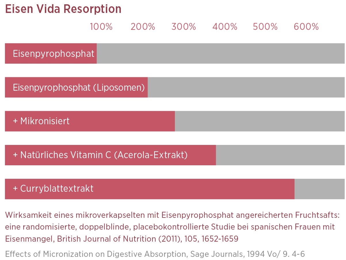 Deutsches Balkendiagramm zur Veranschaulichung der Eisenabsorption (Eisen Vida Resorption) von Eisen Vida-Ergänzungsmitteln: Eisenpyrophosphat, Eisenpyrophosphat (Liposomen), + Mikronisiert, + Natürliches Vitamin C, und + Curryblattextrakt. Perfekt für Eisen Vida kaufen.