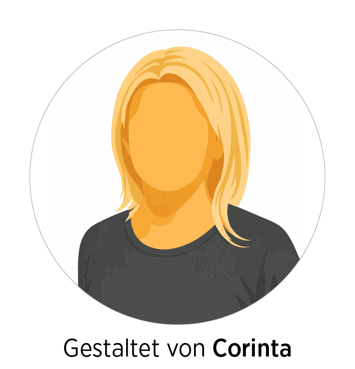 Illustration einer Person mit schulterlangem blondem Haar in einem dunklen Oberteil, gesichtslos. Der deutsche Text darunter lautet: Gestaltet von Corinta. Inspiriert von Collagen Vida.