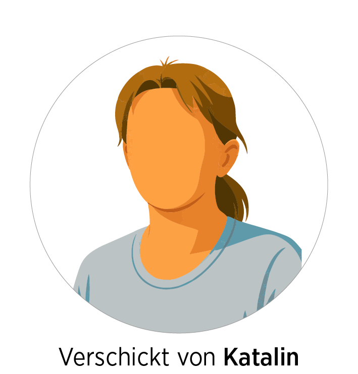 Ein illustrierter Avatar mit hellbraunem Haar in einem hellblauen Hemd erscheint innerhalb eines weißen Collagen Vida-Kreises. Das gesichtslose Gesicht befindet sich über dem deutschen Text "Verschickt von Katalin.