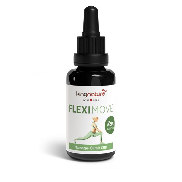 Fleximove_Bottle Eine schwarze Tropfflasche mit der Aufschrift „kingnature FLEXIMOVE Massage-Öl mit CBD“ zeigt das Bild einer sich streckenden Frau und den Text „Rein natürlich“ auf weißem Hintergrund, wodurch die natürliche Formel hervorgehoben wird.