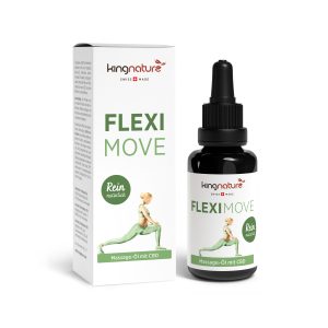 Abgebildet sind eine Flasche und eine Schachtel kingnature FLEXI MOVE Massageöl mit CBD. Die Verpackung zeigt eine sich streckende Frau und einen grünen Text, der darauf hinweist, dass das Produkt natürlich, in der Schweiz hergestellt und mit hochwertigem CBD angereichert ist.