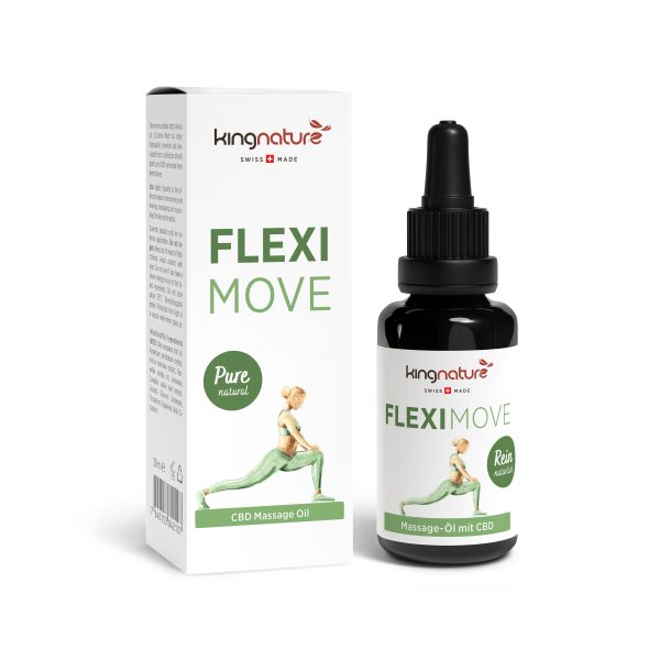 Fleximove_Box_Bottle_En Eine Schachtel und eine Tropfflasche mit Kingnature Flexi Move CBD-Massageöl. Die Verpackung zeigt eine Zeichnung einer Person bei Dehnübungen. Grüner Text hebt die Begriffe „Pure Natural“, „Swiss Made“ und „CBD“ hervor.