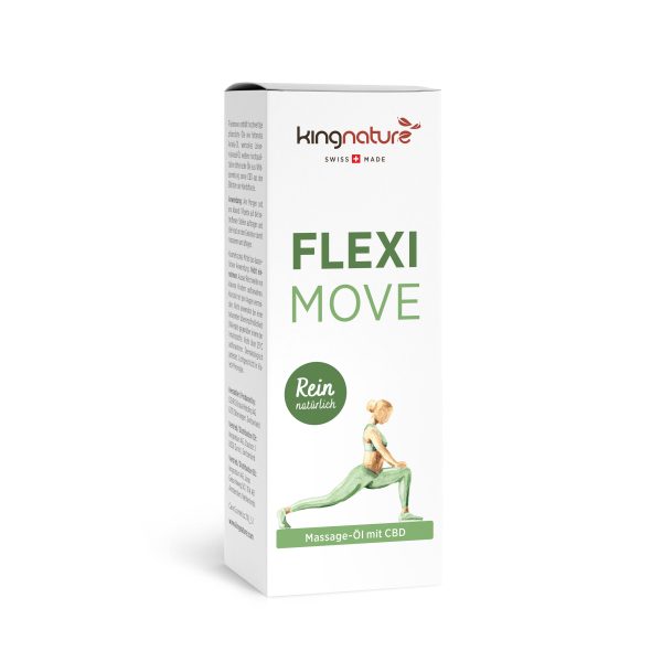 Fleximove_Box_De Eine weiße Schachtel Kingnature Flexi Move Massageöl mit CBD zeigt eine Frau in Dehnpose und den grünen Text „Rein natürlich“ und „Massage-Öl mit CBD“. Die in der Schweiz hergestellte Verpackung unterstreicht die Premiumqualität.