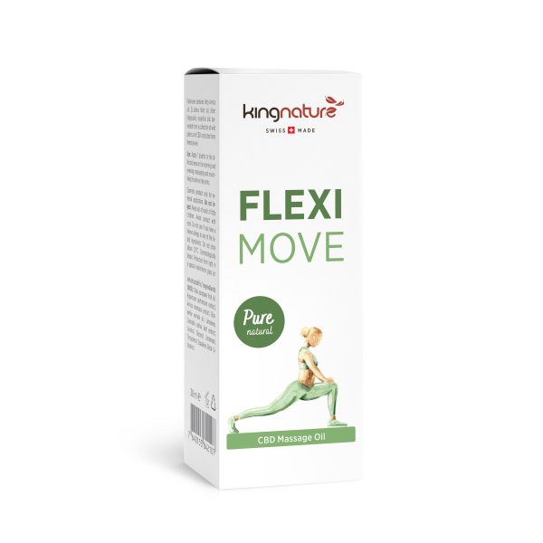 Fleximove_Box_En Weiße Schachtel mit Kingnature Flexi Move CBD-Massageöl, mit einer grünen Illustration einer Frau in einer streckenden Ausfallschritt-Pose. Die Verpackung unterstreicht außerdem die Prinzipien „Pure Natural“, „Swiss Made“ und „Natural Wellness“.