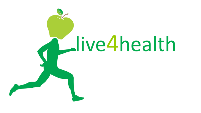 Die grüne Silhouette einer laufenden Person mit einem Apfel als Kopf steht neben dem Text „live4health“, wobei die Zahl 4 in einem helleren Grünton gehalten ist. Inspiriert von Melanie Saxer.
