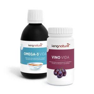 Zwei Kingnature Herzpaket Basic Nahrungsergänzungsmittelflaschen: eine mit blauem Etikett „OMEGA-3 VIDA“ und Fischöl-Grafik und eine mit burgunderfarbenem Etikett „VINO VIDA“ mit Trauben-Motiv. Beide Flaschen haben weiße Verschlüsse und ein schlichtes, minimalistisches Design.