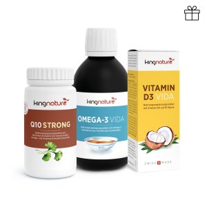 Hirnpaket_basic-4 Das Hirnpaket Basic besteht aus einer weißen Q10 Strong-Flasche, einer schwarzen Omega-3 Vida-Flasche und einer gelben Vitamin D3 Vida-Box mit einem Kokosnussmotiv, die alle übersichtlich auf einem weißen Hintergrund angeordnet sind.