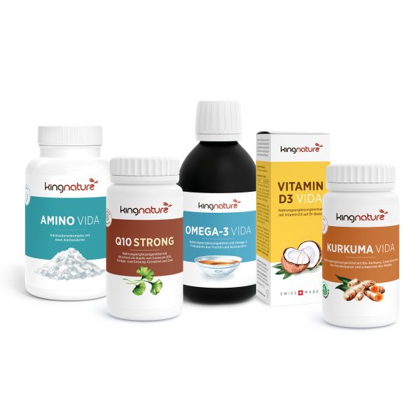 Die Hirnpaket Professional-Kollektion umfasst fünf Kingnature-Nahrungsergänzungsmittel – Amino Vida, Q10 Strong, Omega-3 Vida, Vitamin D3 Vida und Kurkuma Vida – jedes einzeln verpackt und in einer Reihe präsentiert.