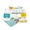 Eine Auswahl an Kingnature PEP-Protokoll Energy-Nahrungsergänzungsmitteln – darunter Amino Vida, Q10 Vida, NADH Vida und eine Recovery Box PNI – präsentiert mit einer Gutscheinkarte auf weißem Hintergrund.