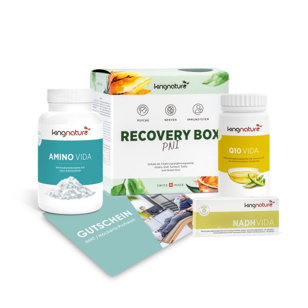 Eine Auswahl an Kingnature PEP-Protokoll Energy-Nahrungsergänzungsmitteln – darunter Amino Vida, Q10 Vida, NADH Vida und eine Recovery Box PNI – präsentiert mit einer Gutscheinkarte auf weißem Hintergrund.
