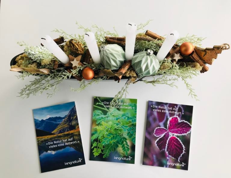 Abgebildet ist ein festliches Tischgesteck mit vier weißen Kerzen, grünem Laub, Kugeln und Tannenzapfen. Darunter sind drei kingnature Postkarten mit Naturfotos und deutschem Text in einer Reihe angeordnet – perfekt als Geschenk-Gutscheine.