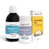 Das Immunpaket Basic umfasst drei Nahrungsergänzungsmittel von kingnature: Omega-3 Vida (schwarze Flasche), Magnesium Vida (weiße Flasche mit Wolkengrafik) und Vitamin D3 Vida (Box mit Kokosnuss- und Schweizer Flaggenmotiven).