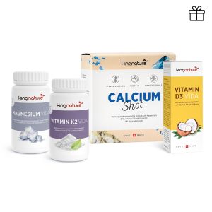 Entdecken Sie Knochenpaket Professional mit vier Nahrungsergänzungsmitteln von kingnature – Magnesium Vida, Vitamin K2 Vida, Calcium Shot und Vitamin D3 Vida – alle in der Schweiz hergestellt und in minimalistischer weißer Verpackung.