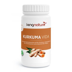 Eine weiße Flasche mit der Aufschrift „kingnature KURKUMA VIDA“ und Abbildungen von Kurkumawurzeln. Das Nahrungsergänzungsmittel enthält Bio-Kurkuma, Grüntee-Catechin und schwarzen Pfeffer zur natürlichen Unterstützung.