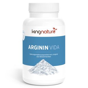 Eine weiße Flasche mit der Aufschrift „Arginin Vida“ mit blauem Akzent, deutschem Text und dem Bild eines weißen Pulvers. Ideal für alle, die L-Arginin kaufen möchten – ein beliebtes Nahrungsergänzungsmittel.