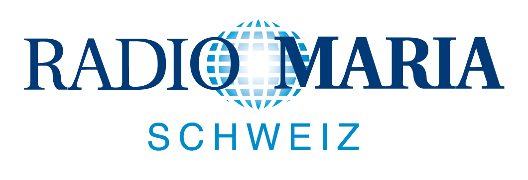 Radio Maria Schweiz Logo mit blauem Text. Das O in Radio wird durch eine stilisierte Weltkugel mit blauen Linien ersetzt. Darunter steht in hellblauen Großbuchstaben "Schweiz" - ein Hinweis auf die bewährte Schweizer Qualität, wie z.B. "Nahrungsergänzung aus der Schweiz".