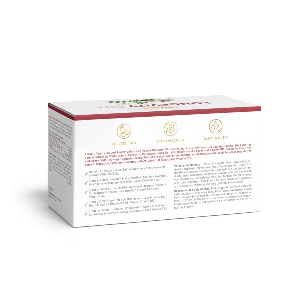 Ein Nahrungsergänzungsmittel in der weiß-roten Longevity-Box mit deutschem Text, Symbolen für Zellteilung, Stoffwechsel und Blutbildung sowie einer dezenten Pflanzenillustration. Produktdetails und Dosierungshinweise sind auf der Seitenwand aufgeführt.