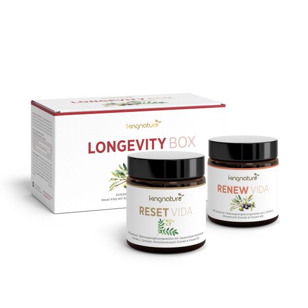 Die Longevity Box von kingnature enthält zwei Nahrungsergänzungsmittelgläser, Reset Vida und Renew Vida, jeweils mit botanischen Illustrationen auf weißem Hintergrund – ideal für alle, die nach hochwertigen Nahrungsergänzungsmitteln für ein langes Leben suchen.