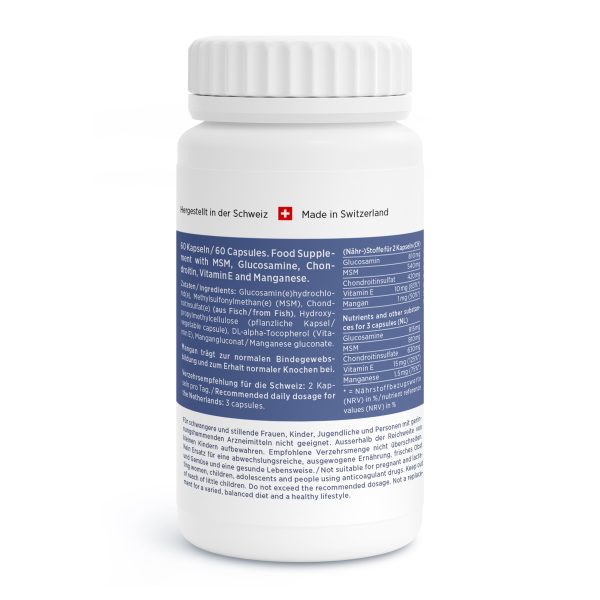 Eine weiße Flasche mit Nahrungsergänzungsmittel, auf deren Etikett MSM, Glucosamin, Chondroitin, Vitamine und Mineralstoffe stehen. Die Verpackung zeigt Text in Deutsch und Englisch sowie ein Schweizer Flaggensymbol.