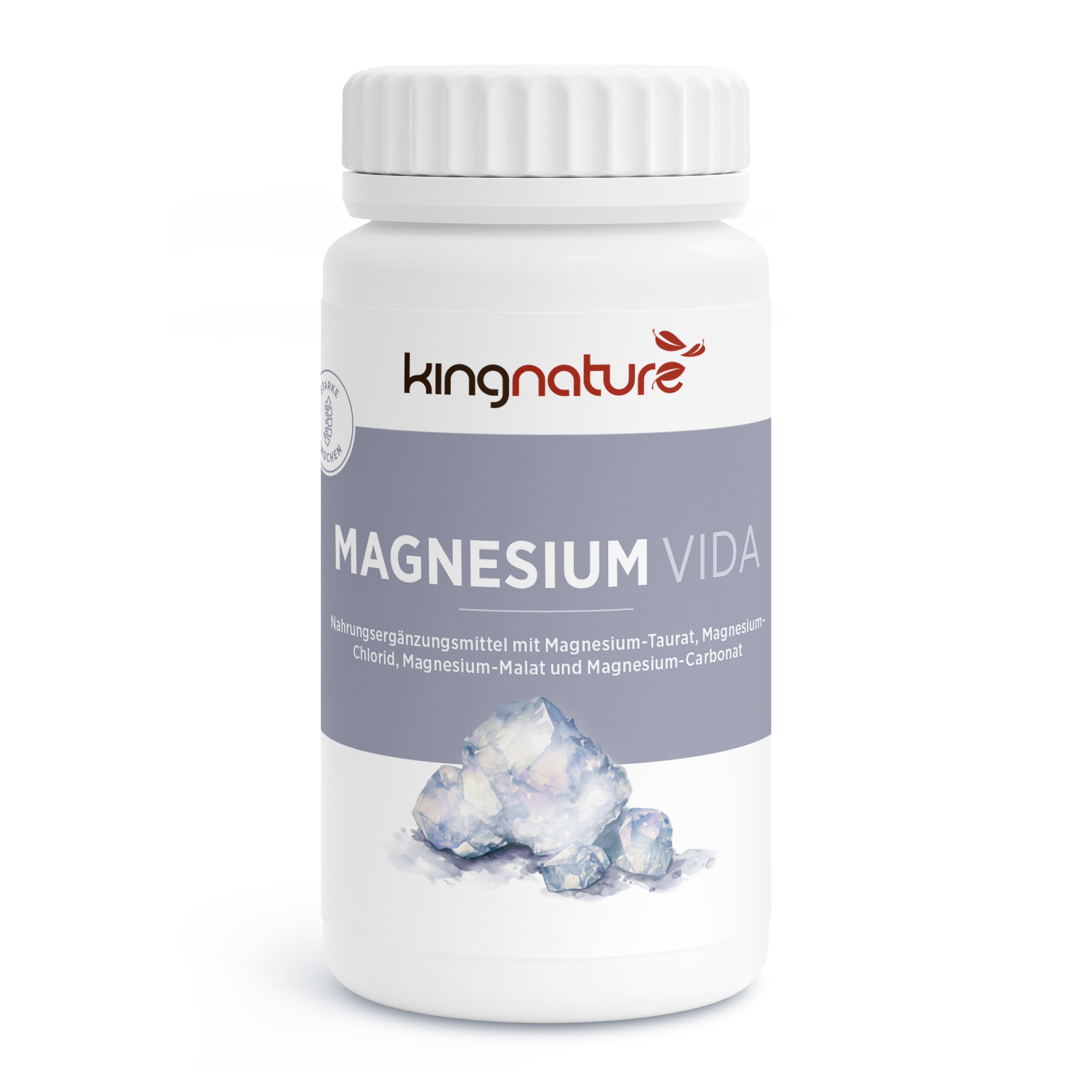 Eine weiße Flasche mit der Aufschrift „kingnature MAGNESIUM VIDA“ mit Magnesiumkristallen auf der Vorderseite. Auf dem Etikett sind Magnesiumtaurat, Magnesiumchlorid, Magnesiummalat und Magnesiumcarbonat hervorgehoben. Nahrungsergänzung aus der Schweiz.