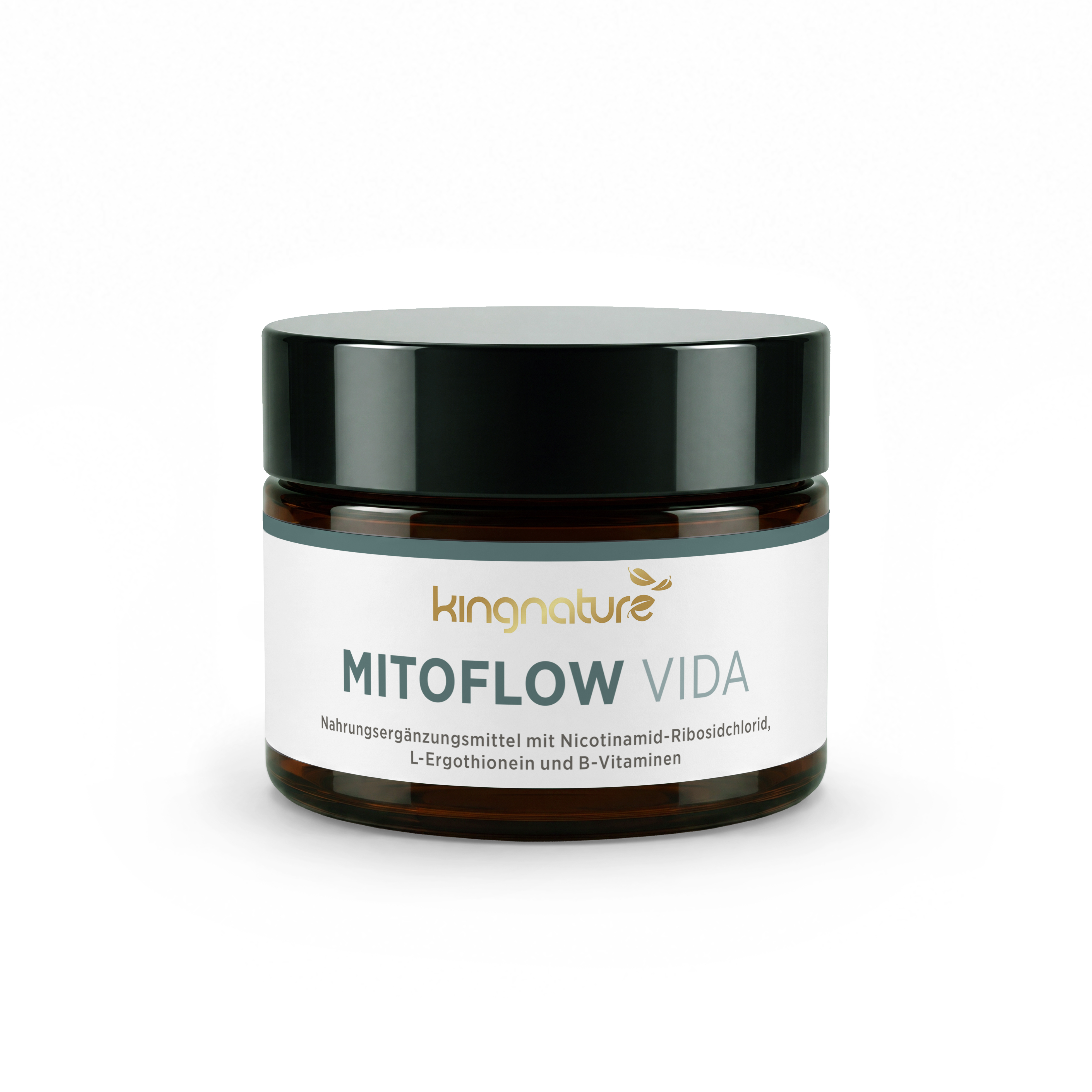 Ein dunkles Glasgefäß mit schwarzem Deckel, beschriftet mit „kingnature MITOFLOW VIDA“, das auf Deutsch als Nahrungsergänzungsmittel mit Nicotinamid-Ribosid-Chlorid, L-Ergothionein und B-Vitaminen beschrieben wird.