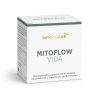 Mitoflow Vida_Box_Front_DE_v1.0 Eine Packung des Nahrungsergänzungsmittels „Kingnature Mitoflow Vida“ mit deutscher Beschriftung, das Inhaltsstoffe wie Nicotinamid-Ribosid-Chlorid, L-Ergothionein und B-Vitamine enthält. Die Verpackung ist überwiegend weiß und mit grünen und goldenen Akzenten versehen.