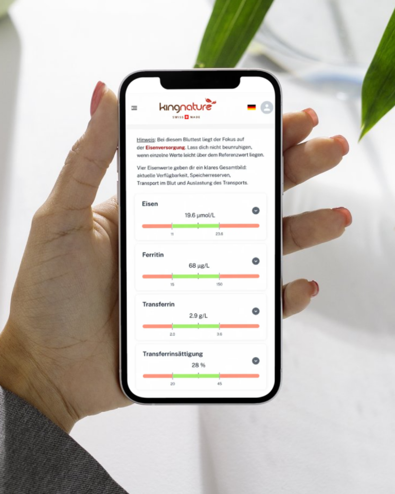 Eine Hand hält ein Smartphone, auf dem in einer Gesundheits-App die Eisen-Check-Bluttestergebnisse für Eisen, Ferritin, Transferrin und Transferrinsättigung angezeigt werden – ideal für einen Herz-Kreislauf-Check zu Hause. Im Hintergrund ist teilweise eine grüne Pflanze zu sehen.