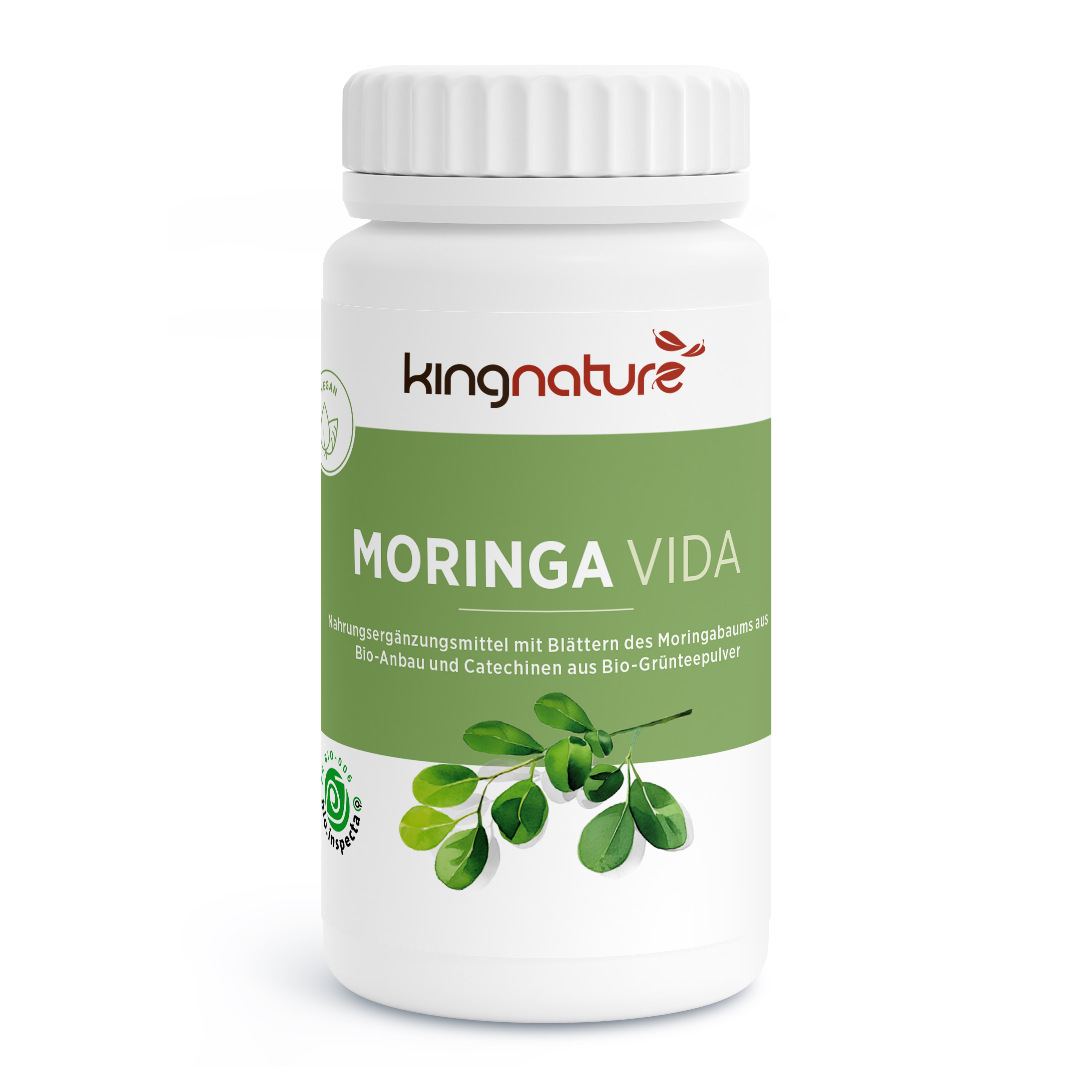 Eine weiße Flasche mit der Aufschrift „kingnature MORINGA VIDA“ ist in Grün und Weiß gehalten und mit Abbildungen von Moringablättern versehen. Der deutsche Text auf dem Etikett weist darauf hin, dass es sich um ein Nahrungsergänzungsmittel aus Bio-Moringablattpulver handelt.