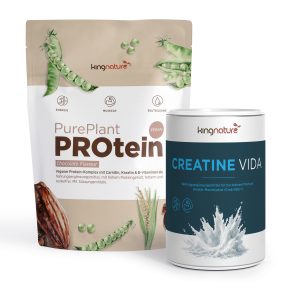 Hier ist der überarbeitete Satz unter Verwendung Ihrer Produktdaten: Zwei Verpackungen aus der „Muskelpaket Basic“-Reihe von kingnature sind aufrecht vor einem weißen Hintergrund abgebildet: Auf der einen ist „PurePlant PROtein“ in der Geschmacksrichtung Schokolade mit Grafiken von Erbsen und Kakao zu sehen, während auf der anderen „CREATINE VIDA“ mit einem Wasserspritzer-Motiv abgebildet ist.