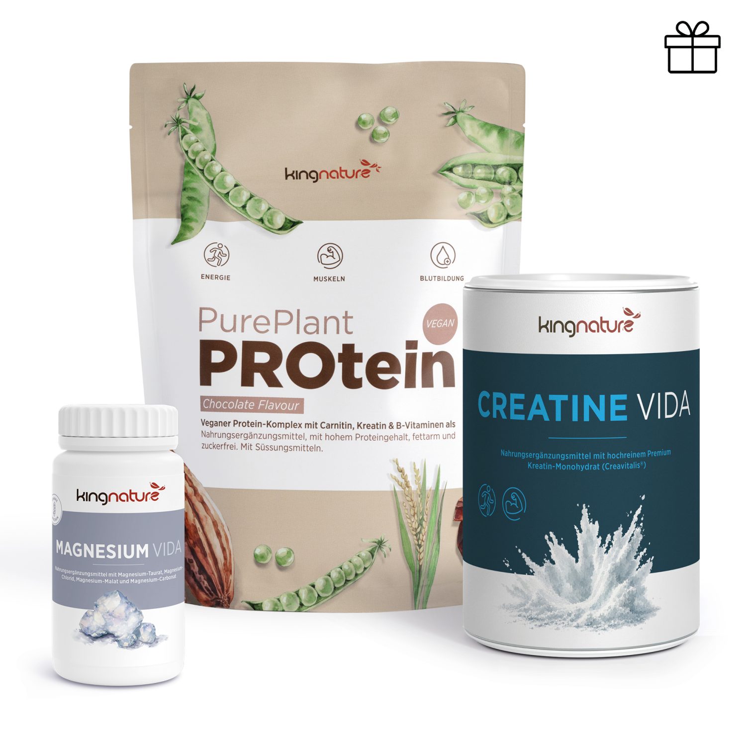 Three dietary supplements from the kingnature brand—a white bottle labeled “Magnesium Vida,” a bag labeled “Pure Plant Protein,” and a can labeled “Creatine Vida”—are pictured together against a white background. This set, known as the “Medium Muscle Pack,” supports effective muscle building and thus ensures a holistic workout experience.
