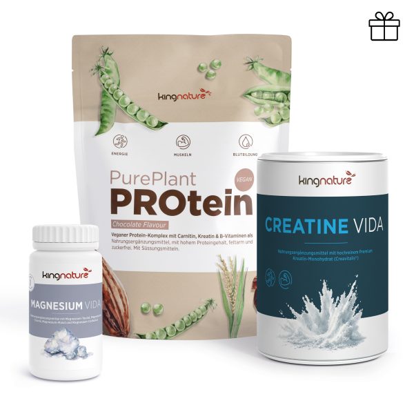 Drei Nahrungsergänzungsmittel der Marke kingnature – eine weiße Flasche mit der Aufschrift „Magnesium Vida“, ein Beutel mit der Aufschrift „Pure Plant Protein“ und eine Dose mit der Aufschrift „Creatine Vida“ – sind gemeinsam vor einem weißen Hintergrund abgebildet. Dieses Set, bekannt als „Muskelpaket Medium“, unterstützt einen effektiven Muskelaufbau und sorgt so für ein ganzheitliches Trainingserlebnis.