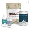 Das „Muskelpaket Professional“-Sortiment umfasst vier kingnature-Nahrungsergänzungsmittel – „Pure Plant Protein“-Pulver, „Creatine Vida“, „Amino Vida“ und „Magnesium Vida“ in Flaschen –, die speziell zur Unterstützung eines optimalen Muskelaufbaus entwickelt wurden. Die Verpackungen sind in einer Kombination aus Grün, Weiß und Blau gehalten und zeigen auf ausgewählten Etiketten Grafiken mit Erbsen sowie Spritzmuster.