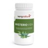 Eine weiße Flasche mit der Aufschrift „kingnature MYSTERIO VIDA“ und Abbildungen von Hanfblättern enthält ein Nahrungsergänzungsmittel aus Hanfblattpulver, Traubenkernextrakt und natürlichem Vitamin C aus Acerola.