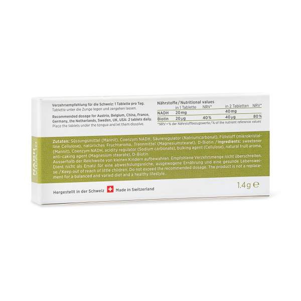 Auf der Rückseite der weißen NADH Vida-Nahrungsergänzungspackung sind Nährwertangaben, Inhaltsstoffe und Anwendungshinweise in Deutsch und Englisch abgebildet. In der unteren rechten Ecke ist zur Authentizität deutlich eine Schweizer Flagge mit dem Schriftzug „Made in Switzerland“ abgebildet.