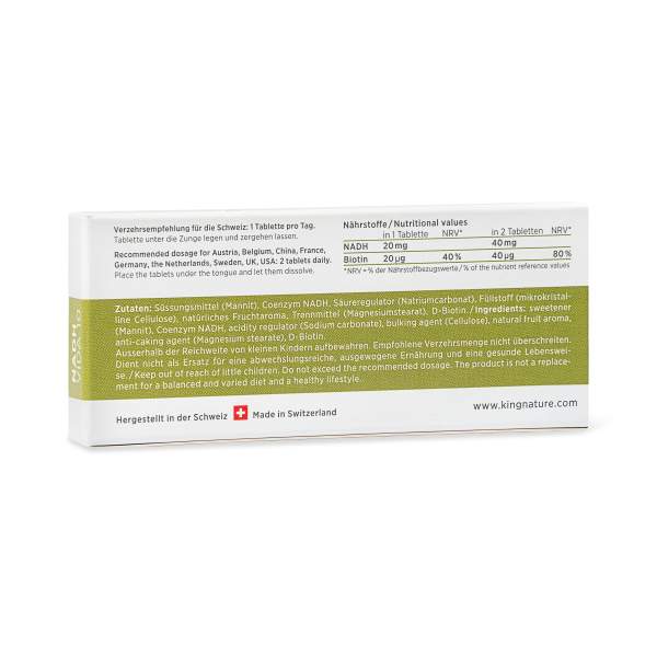 Auf der rechteckigen NADH Vida-Dose sind Nährwerte, Zutaten, Anwendungshinweise und Herstellerangaben in Deutsch und Englisch abgebildet. Eine Schweizer Flagge weist auf die Schweizer Herkunft hin.