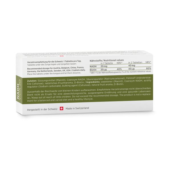 Rückansicht einer weißen NADH Vida-Verpackung mit Nährwertangaben, Zutatenliste und Dosierungshinweisen auf Deutsch und Englisch; unten ist „Made in Switzerland“ aufgedruckt.