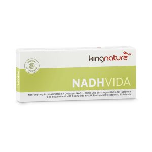 Das Nahrungsergänzungsmittel „Kingnature NADH Vida“ in einer rechteckigen Schachtel mit grün-weißer Verpackung enthält das Coenzym NADH, Biotin, Süßungsmittel und 10 Tabletten.