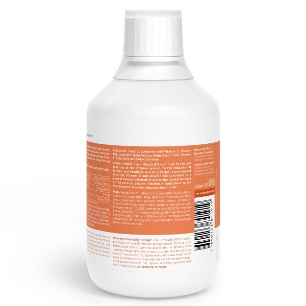 Eine weiße Plastikflasche mit orangefarbenem Etikett zeigt Nährwertangaben, Zutaten, Barcode und Dosierungsanweisungen für ein Vitamin-C-Präparat. Der versiegelte Verschluss sorgt für Frische und der ausführliche Etikettentext ist gut lesbar.
