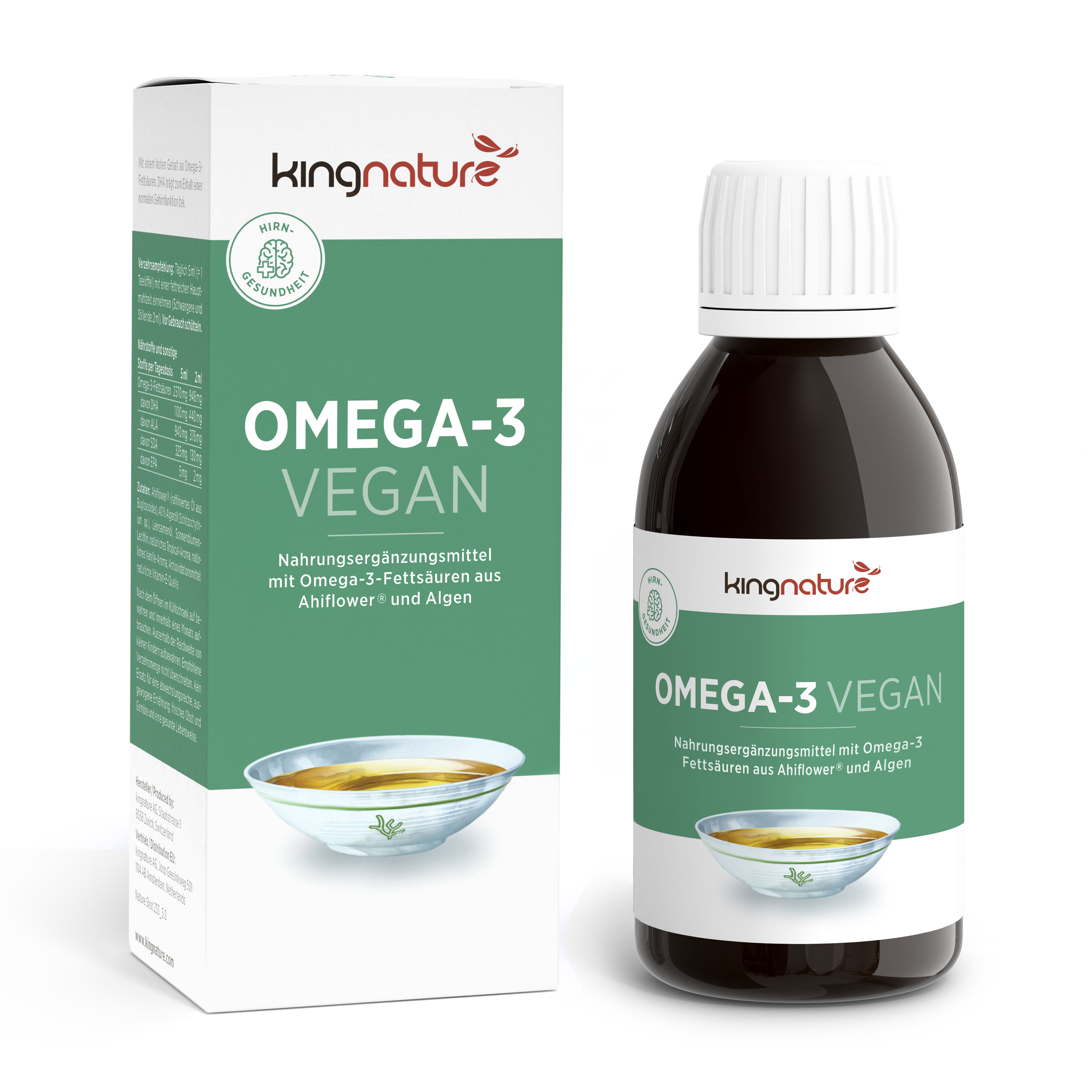 Eine Flasche und eine Packung des veganen Omega-3-Nahrungsergänzungsmittels von Kingnature mit grün-weißem Etikett und einer kleinen Abbildung einer Schale mit Öl. Dieses pflanzliche Produkt ist eine ausgezeichnete Wahl für alle, die hochwertige vegane Nahrungsergänzungsmittel suchen.